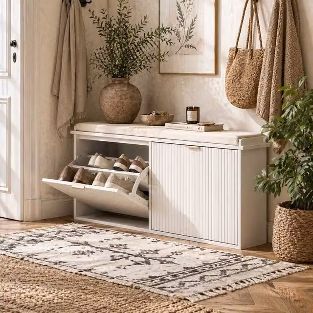 Wyld Haus White Cushioned Shoe Bench with 2 Flip Drawers for up to 10 Pairs