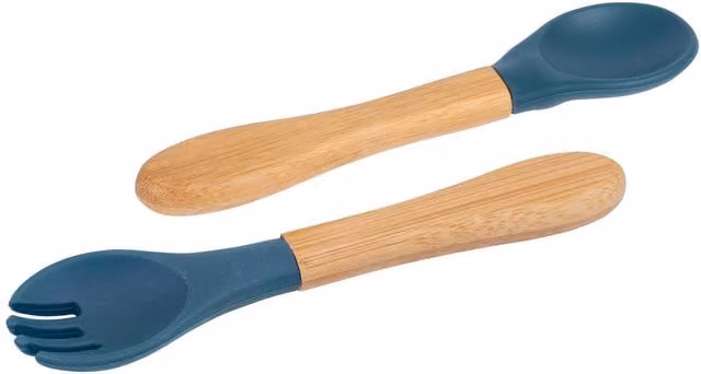 Tiny Dining Bamboo and Silicone Baby Weaning Fork and Spoon Set in Matte Blue