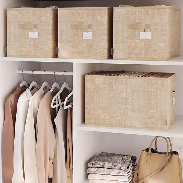 The Bazaarist Pack of 3 Large Foldable Fabric Storage Boxes with Handles and Label Holders, Beige/Brown, W/D/H: 30.0 x 30.0 x 45.0 cm