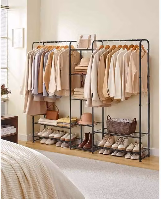 The Bazaarist Metal Clothes Rack Open Wardrobe with Storage Shelves, Matt Black, H 183.0 cm x W 158.4 cm