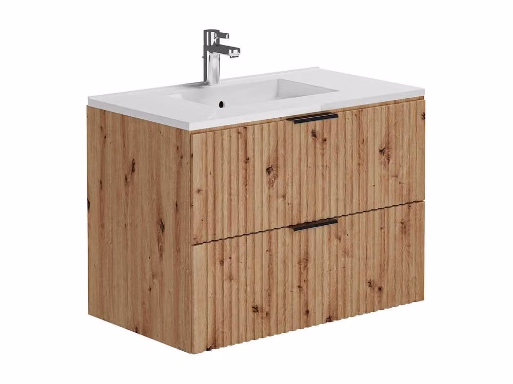 Vente-unique Ribbed Suspended Bathroom Vanity Unit with Inset Basin and Column in Light Oak – 2