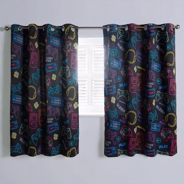 OHS Pair of Kids Gaming Print Blackout Eyelet Curtains, Black and Multicolour, H: 182 cm, W: 117 cm