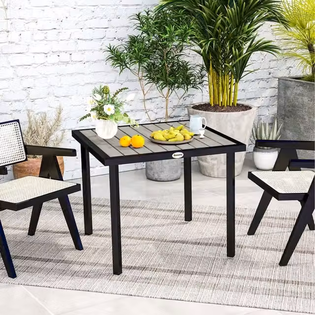 Outsunny Grey Modern Garden Table for 4 People with 54mm Parasol Hole and Slatted WPC Top