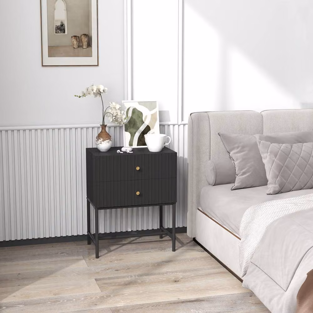 STILVORA Modern Bedside Table with 2 Drawers and Metal Legs in Black and Gold – 2