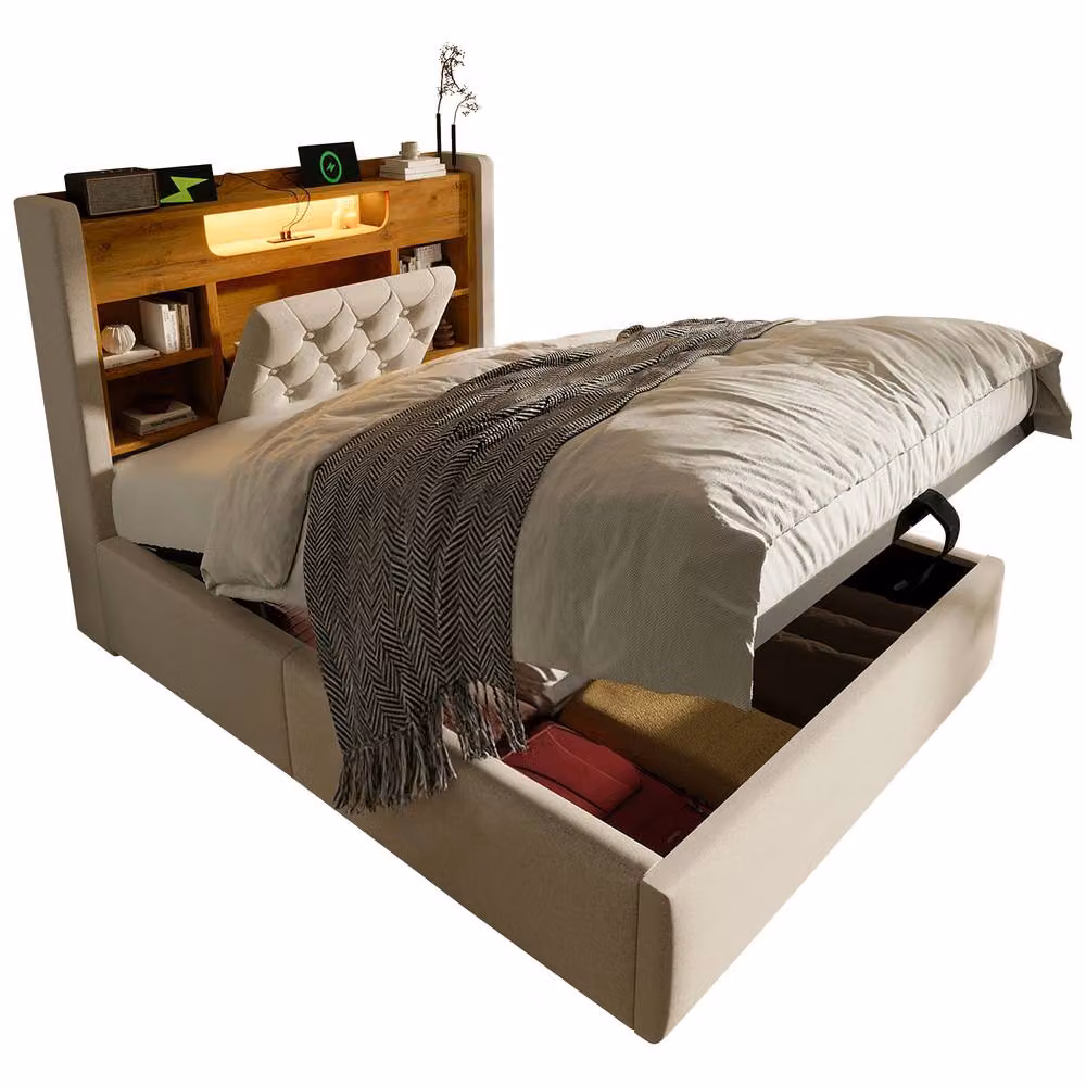Merax Double Ottoman Bed with Storage, Headboard, USB Charging Port and Bedside Shelf, Beige, W/D/H: 140 x 200 x 143 cm – 7