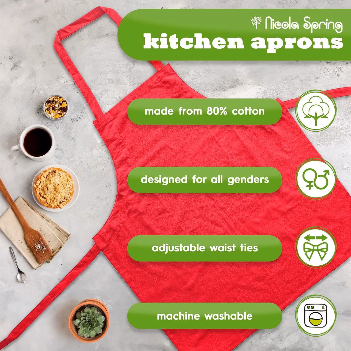 Nicola Spring Cotton Bib Aprons, Pack of 2, Red – 2