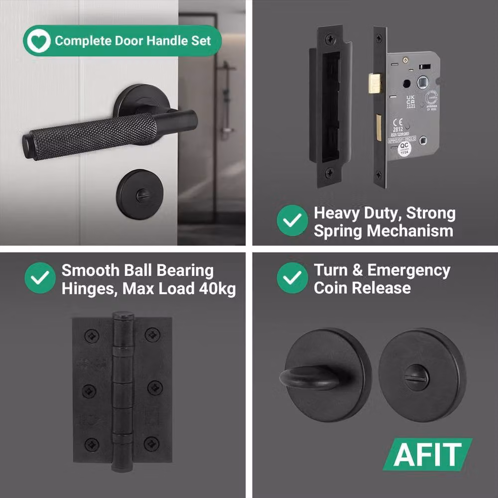 AFIT Matt Black Knurled Bathroom Door Handle and Hinges Set, W: 15.0 cm x H: 15.0 cm – 4