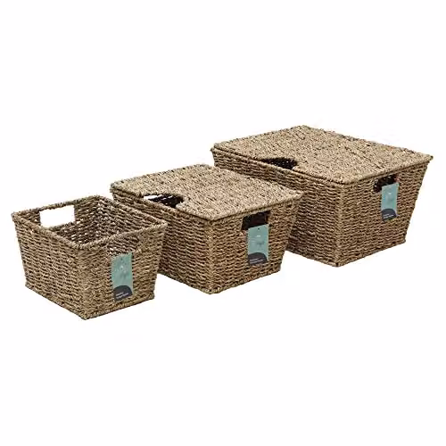 JVL Set of 3 Rectangular Lidded Seagrass Storage Baskets with Open Weave in Beige and Brown – 1