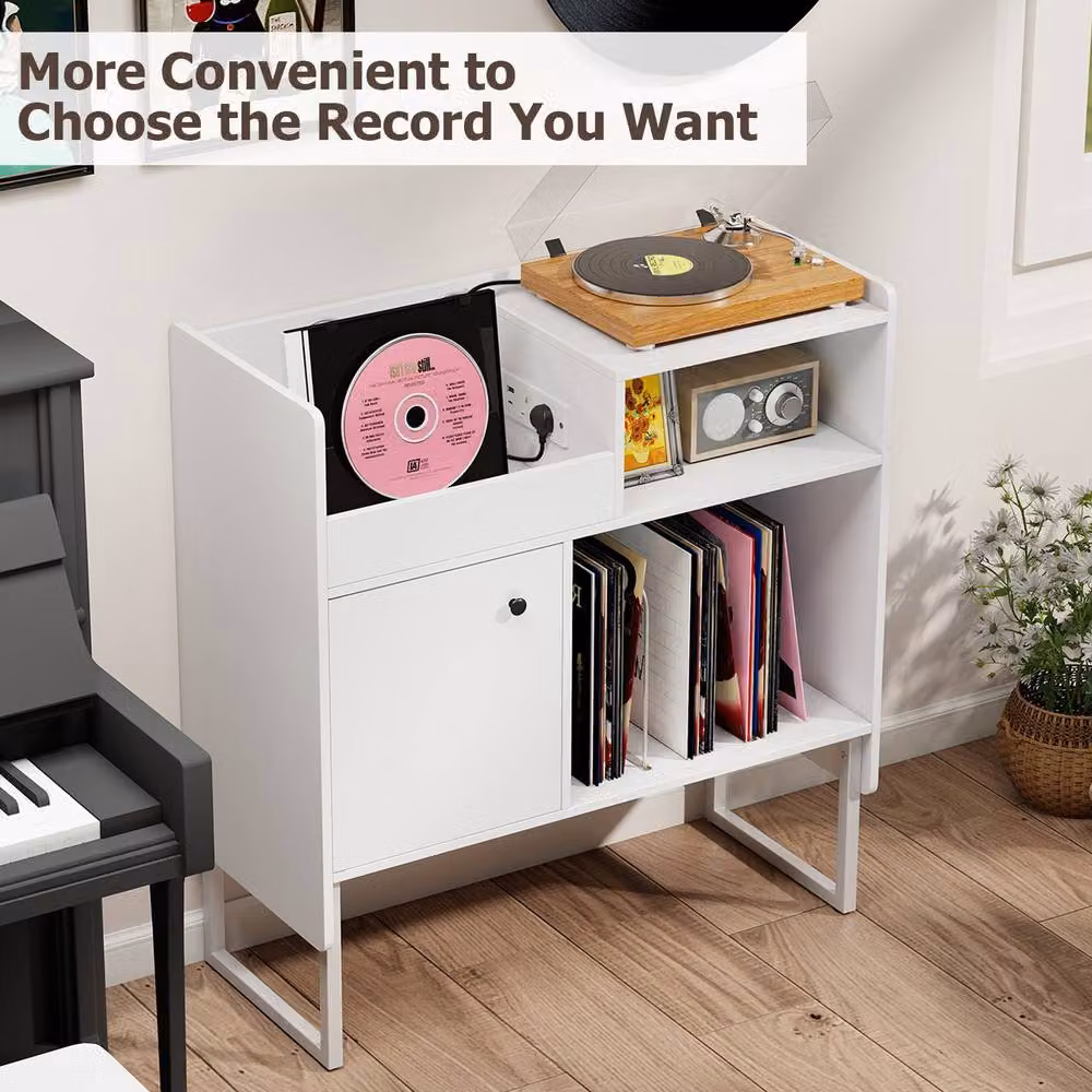 Costway Modern Record Player Stand with Power Outlets and Media Compartments in White – 6