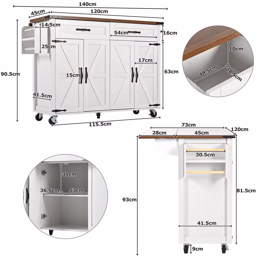 ModernLuxe Mobile Kitchen Island with 4 Doors and 2 Drawers, White and Natural, W/D/H: 93 x 45 x 72 cm – 4
