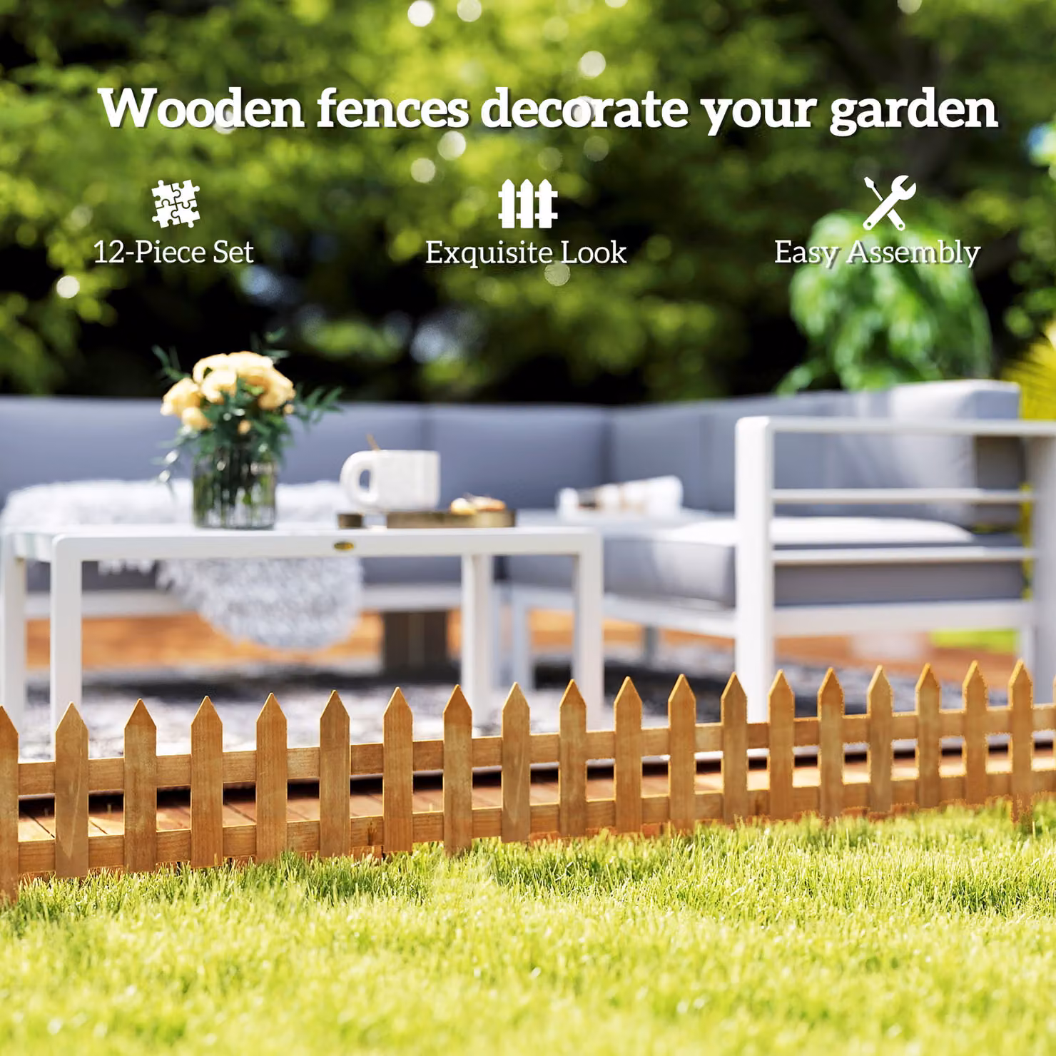 Outsunny Pack of 12 Brown Wooden Garden Border Fences for Lawn Edging and Flowerbeds, W: 60 cm, D: 1 cm, H: 34 cm – 3