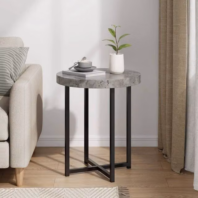 EONLION Grey Industrial Round Side Table with Concrete Effect Finish – 1