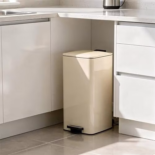 Harbour Housewares 30L Square Stainless Steel Kitchen Pedal Bin in Beige with Soft-Close Lid and Removable Inner Bucket – 2
