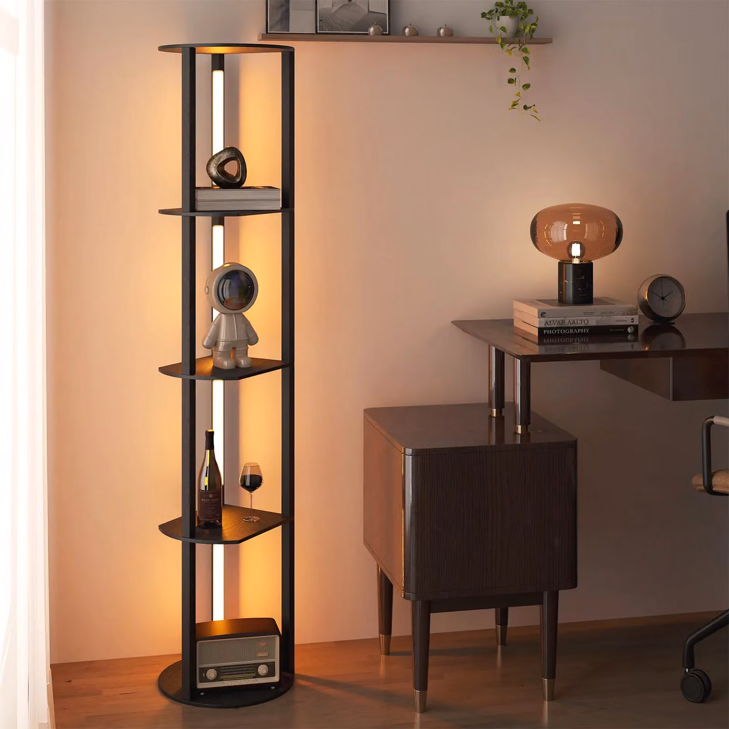 Costway Modern Wood Display Rack Floor Lamp with 4 Adjustable LED Strips in Black – 8