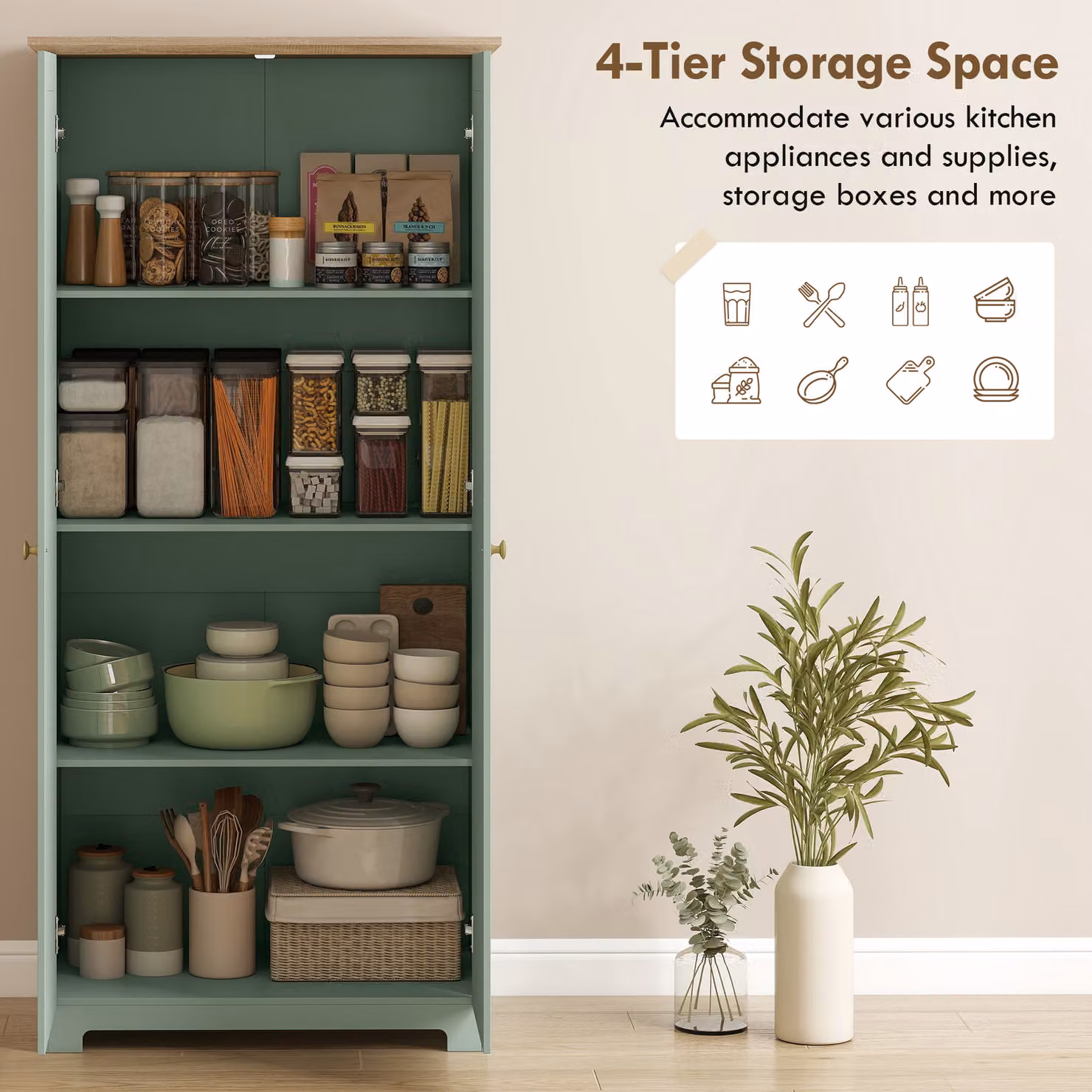 HOMCOM Green Freestanding Kitchen Cupboard Tall Storage Unit with Hinged Doors and Internal Shelves, Height: 172 cm – 2