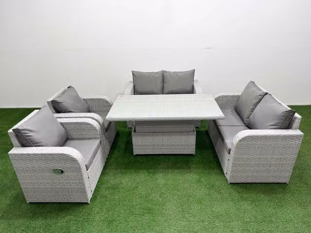 Fimous 6 Seater Rattan Garden Furniture Set with Reclining Chairs and Adjustable Lifting Table in Light Grey