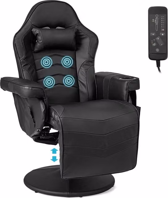 Gymax Black PU Leather Gaming Chair with Massage, Swivel Function and Adjustable Height