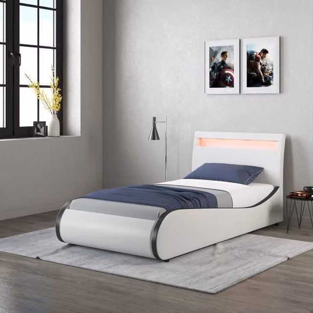 SlumberWorx Single Upholstered Bed Frame with LED Headboard in White, Black and Multicolour Faux Leather