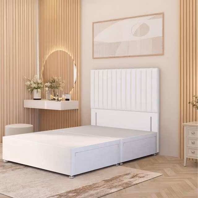 Somnior Beds Ltd Verona Divan Bed Base with 54 inch Floor Standing Headboard in White Plush Velvet with Drawers W/D/H: 200 x 200 x 160 cm