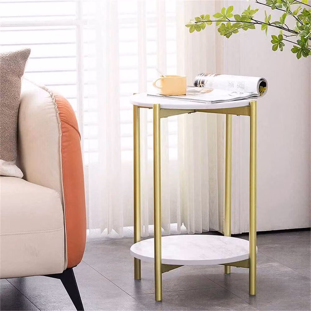 Nordara Gold 2 Tier Round Marble End Table and Coffee Table in White and Gold – 2