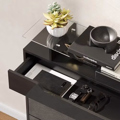 HOMCOM Modern Black Glossy Shoe Cabinet with Glass Top and Tilting Compartments – 8