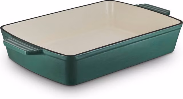 Barbary Oak Rectangular Enamel Cast Iron Roaster, Green, Diameter: 39 cm