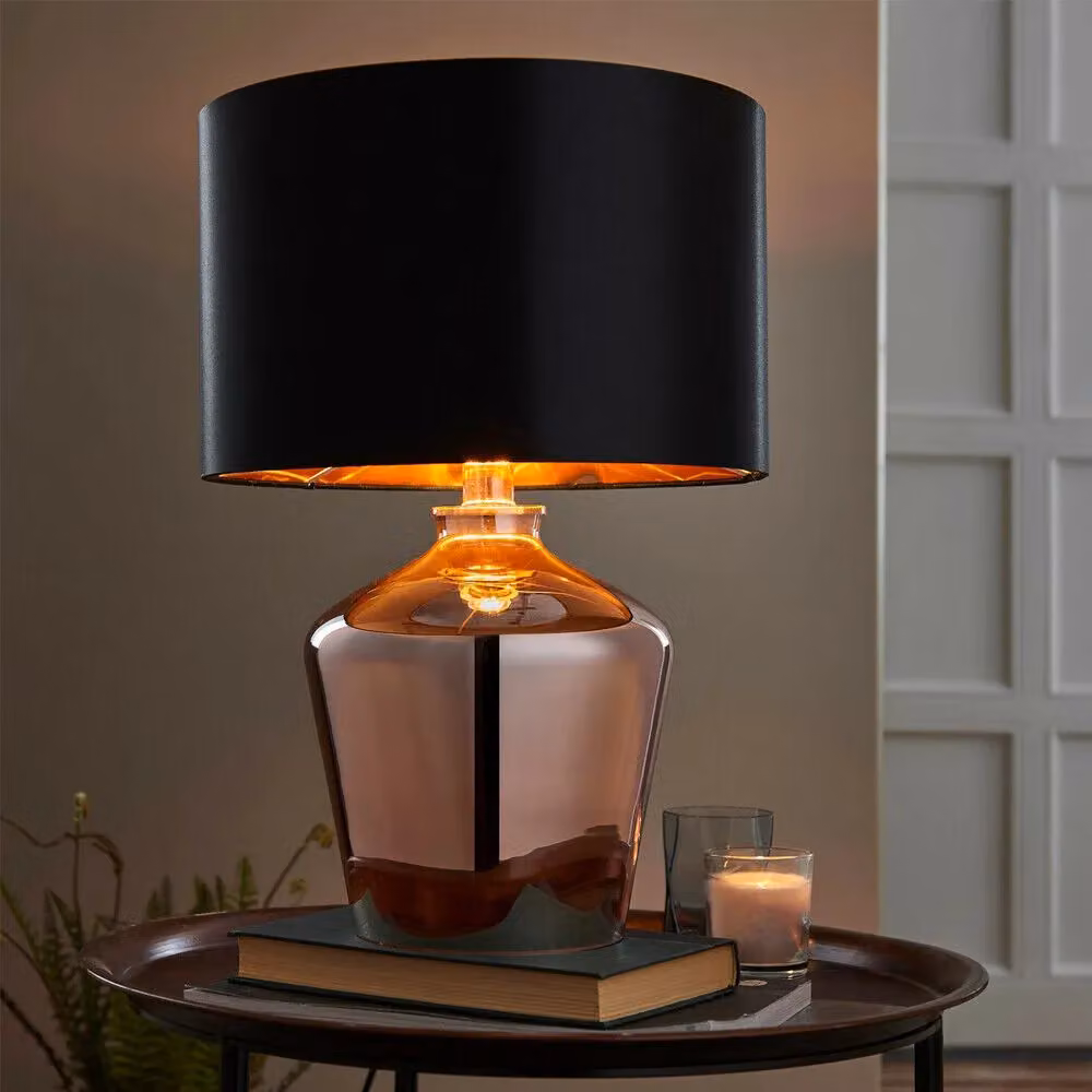 Loops Modern Table Lamp with Copper Glass Base and Black Fabric Shade – 3