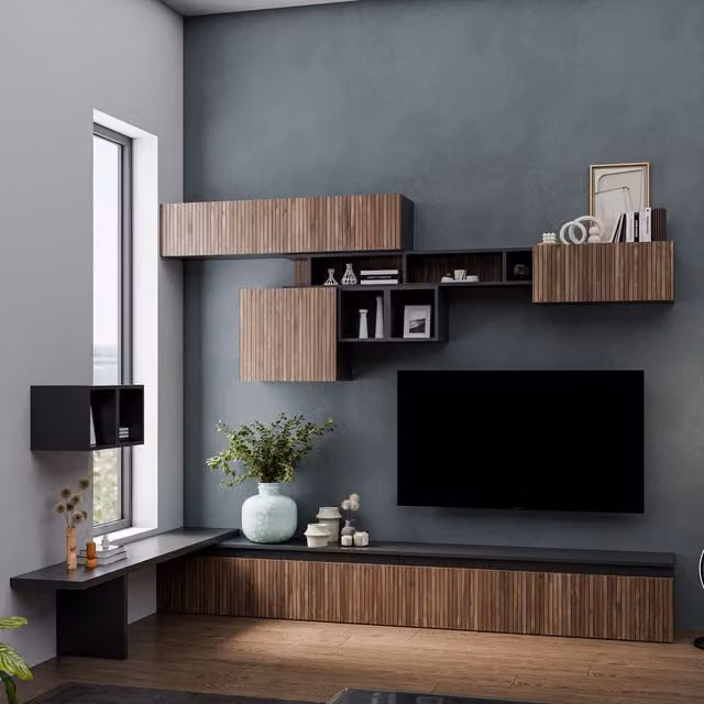 Decorotika Burgos Wall Mounted Entertainment Center in Black with Alina Pattern and Lift-up Doors