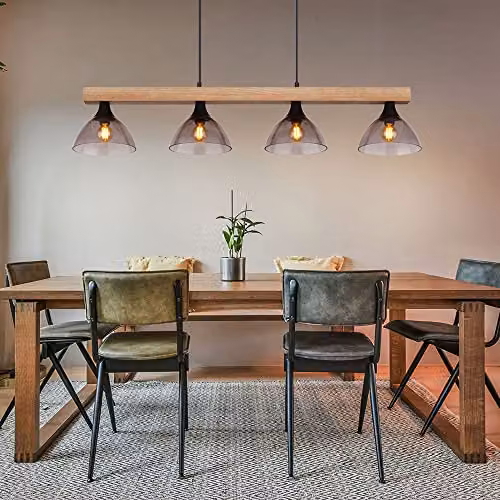 Globo Lighting Netlighting Industrial Bar Pendant Light in Black and Wood with Grey Glass Shades, 4x E14 Sockets, L 96 cm x W 17 cm x H 150 cm – 2