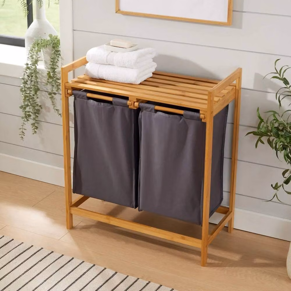FORGEVIO Laundry Basket with Pull Out Shelf, Brown Bamboo Frame and Fabric Bags – 3