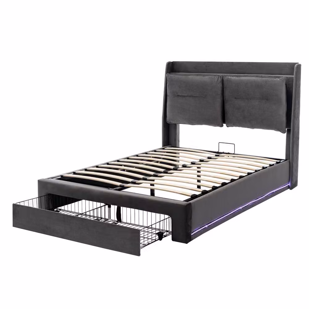 Merax King Size Velvet LED Ottoman Storage Bed with Cushion Headboard in Grey, W/D/H: 150 x 200 cm – 8
