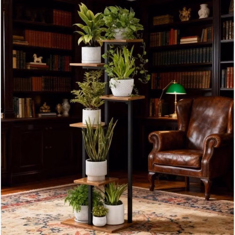 FORGEVIO Modern Tall Plant Stand, Black Metal and Wood Indoor Plant Shelf – 3