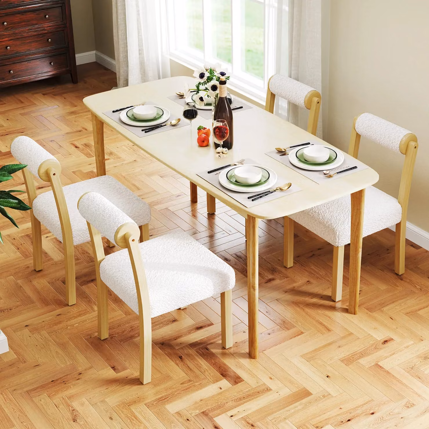 Costway Set of 2 White Wooden Dining Chairs with Faux Sherpa Bouclé Upholstery – 4