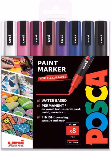 Posca PC-3M Paint Marker Set with Bullet Nib, Midnight and Multicolour, Pack of 8