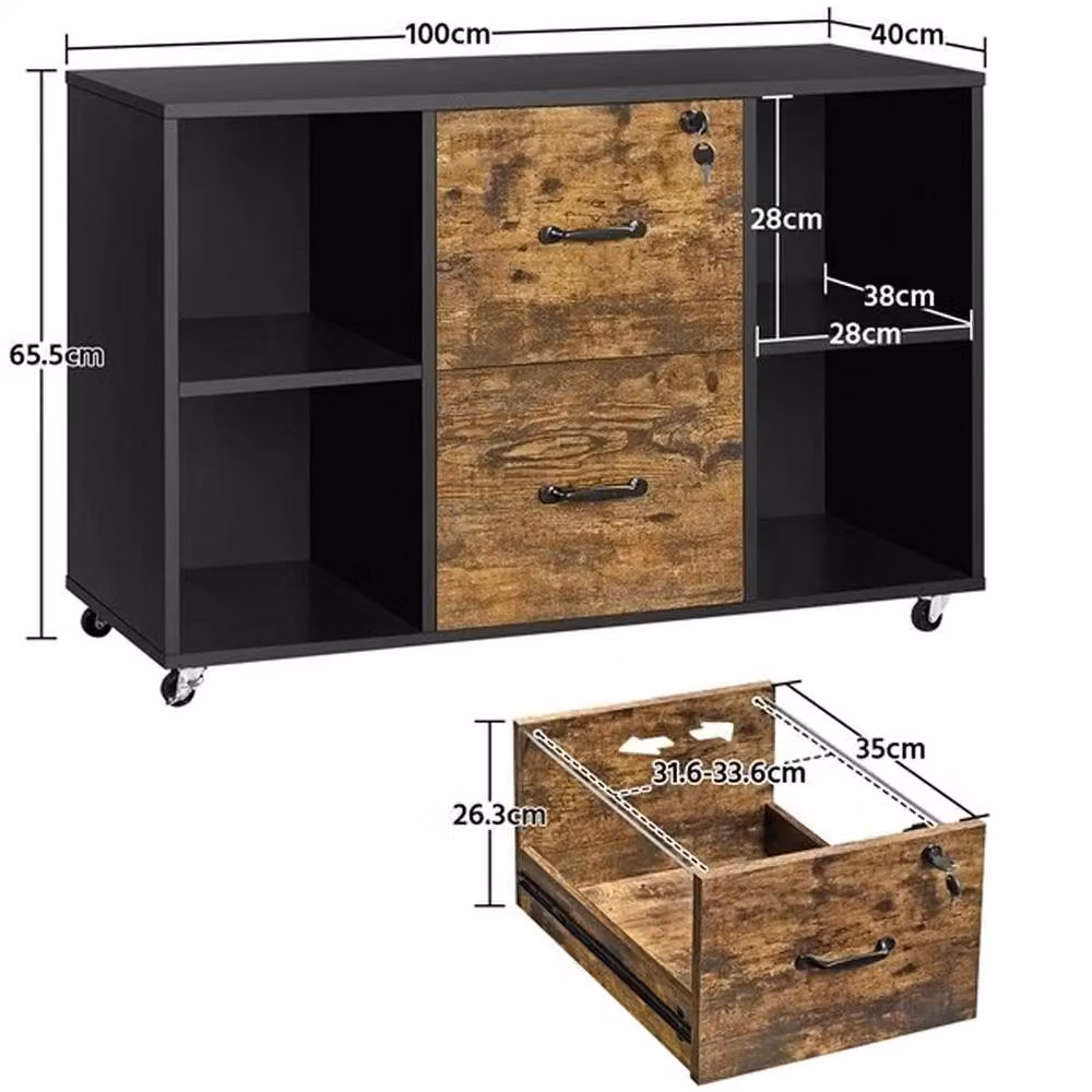 VOGREX Black and Rustic Brown Mobile File and Printer Stand for Home Office – 2