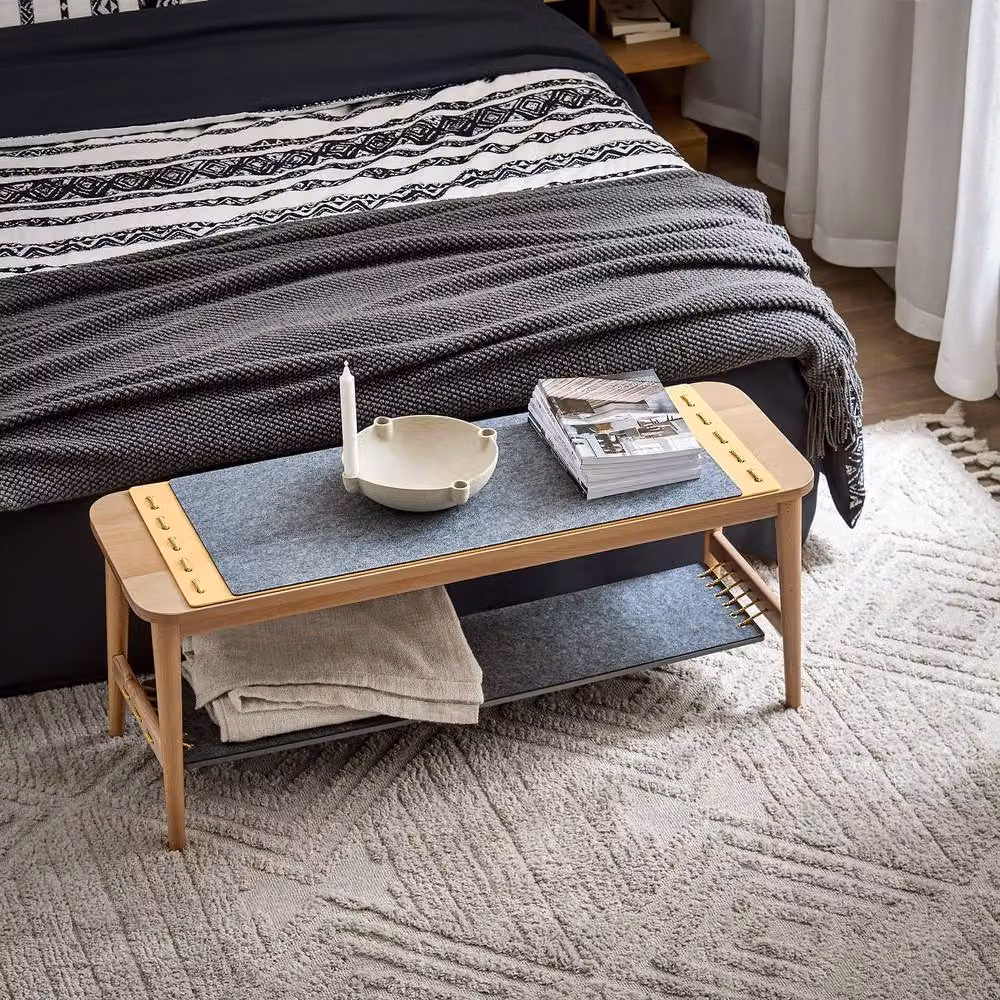 SoBuy Scandinavian Style Solid Wood Entrance Bench with Fabric Top and Shoe Rack in Light Oak, W: 110 cm, D: 35 cm – 3