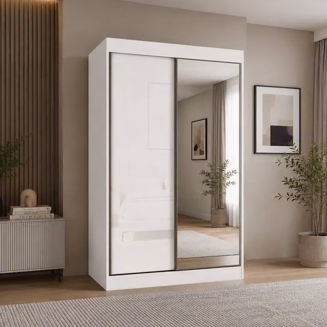 KDMD Pacific 150cm Gloss White Sliding Door Wardrobe with Mirror – 1