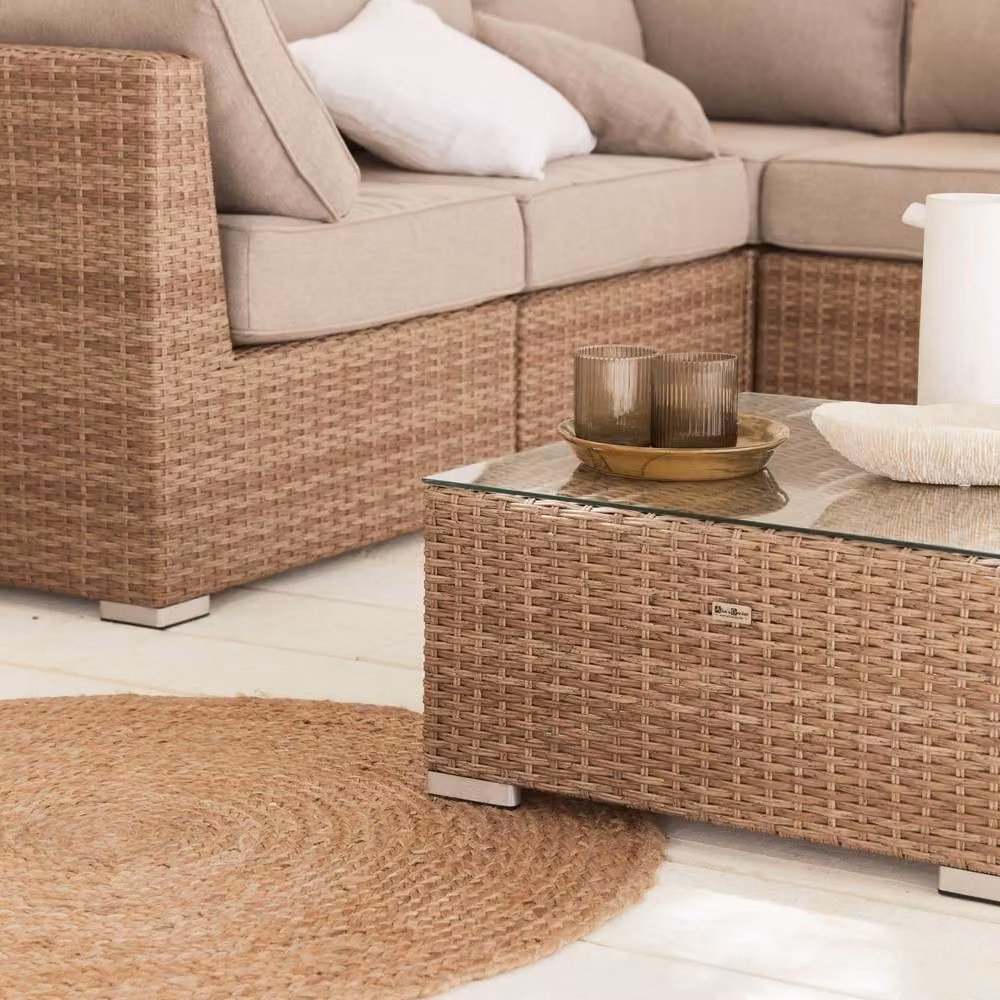 Sweekeeks 5-Seater Deluxe L-Shape Polyrattan Garden Sofa Set in Beige with Upholstered Cushions and Coffee Table – 3