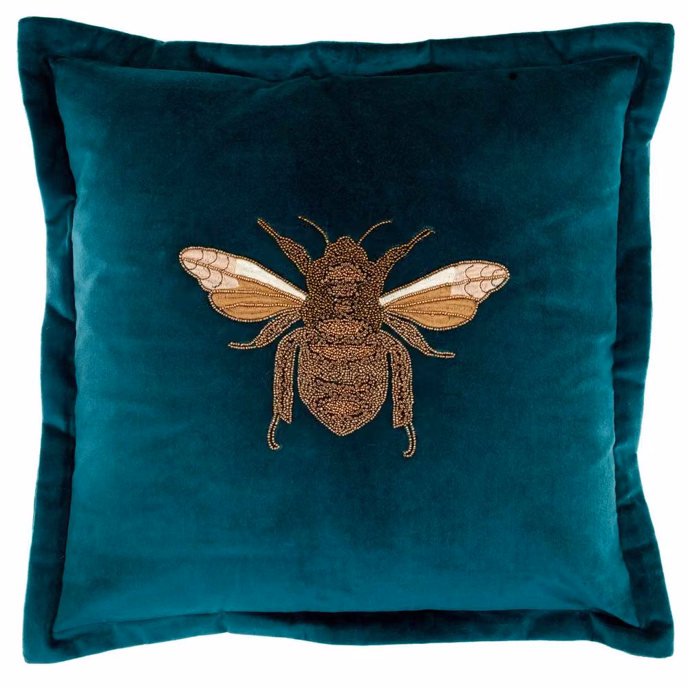 Voyage Maison Layla Feather Filled Velvet Embroidered Bee Cushion in Petrol and Gold, W/D/H: 50 x 50 x 50 cm – 2