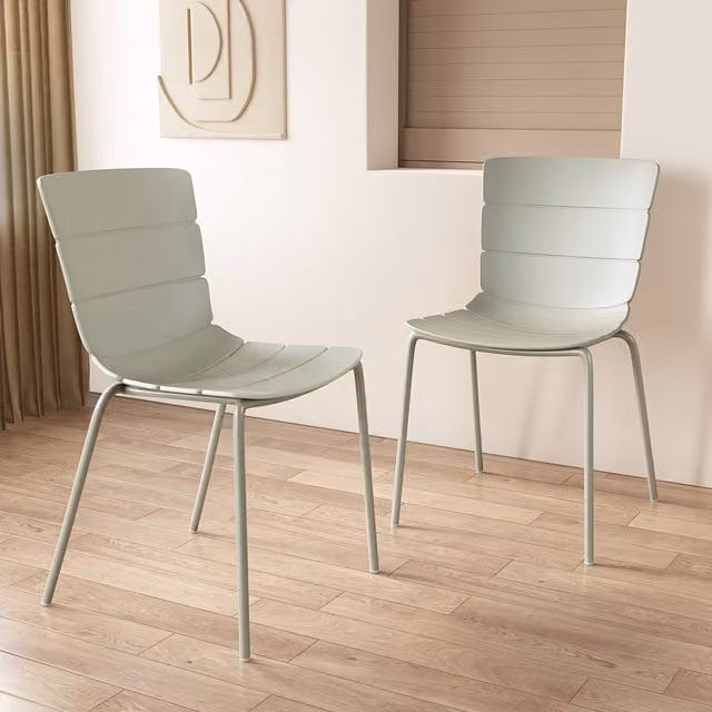Pair of Bali Modern Kitchen and Dining Chairs with Matt Green Plastic Seats and Metal Legs
