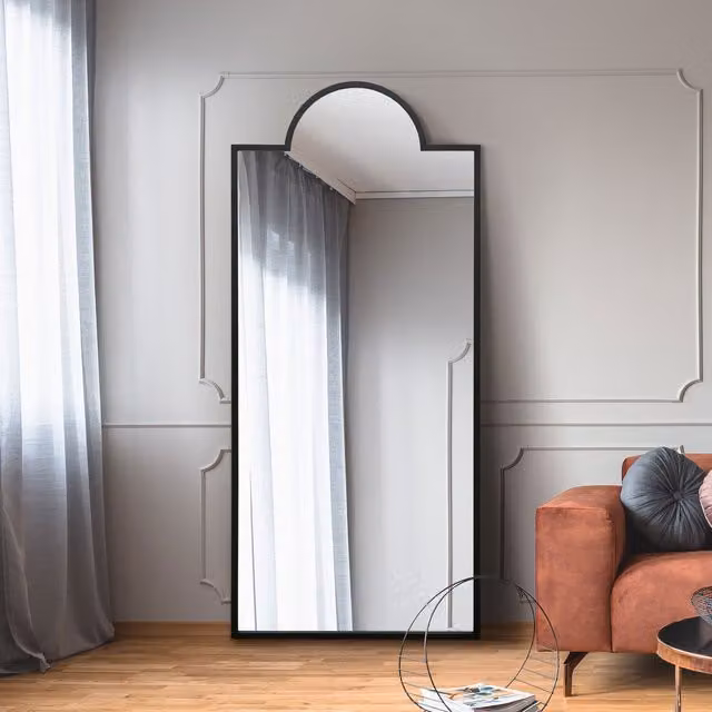 MirrorOutlet The Fenestra Crown Contemporary Wall and Leaner Mirror in Black, Height: 170 cm