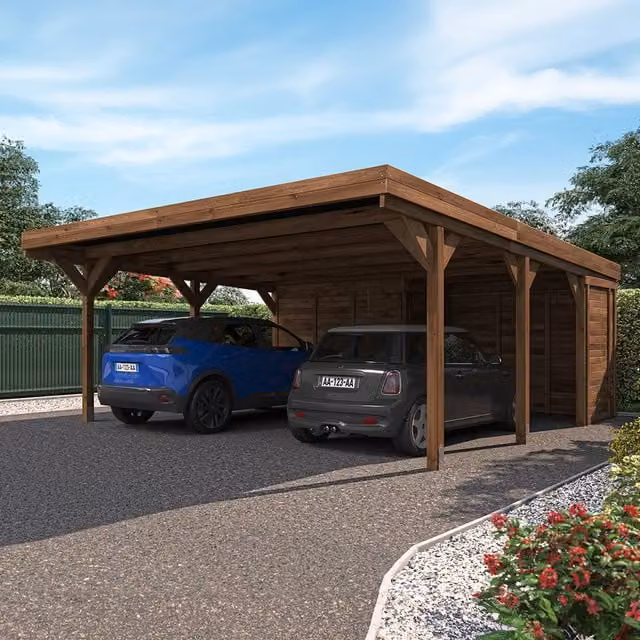 Cerland Leon Double Wooden Carport with Storage Shed in Brown, Freestanding Pent Design