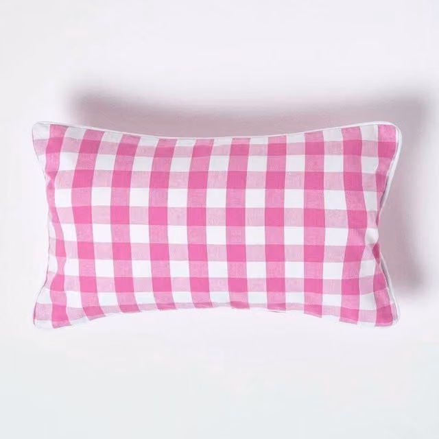 Homescapes Pink Checked Cotton Gingham Cushion Cover, W/H: 50 x 50 cm