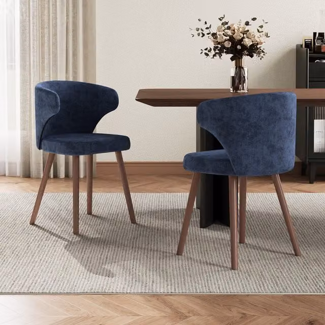 Livingandhome Set of 2 Modern Upholstered Dining Chairs in Blue with Oak Wood Frame