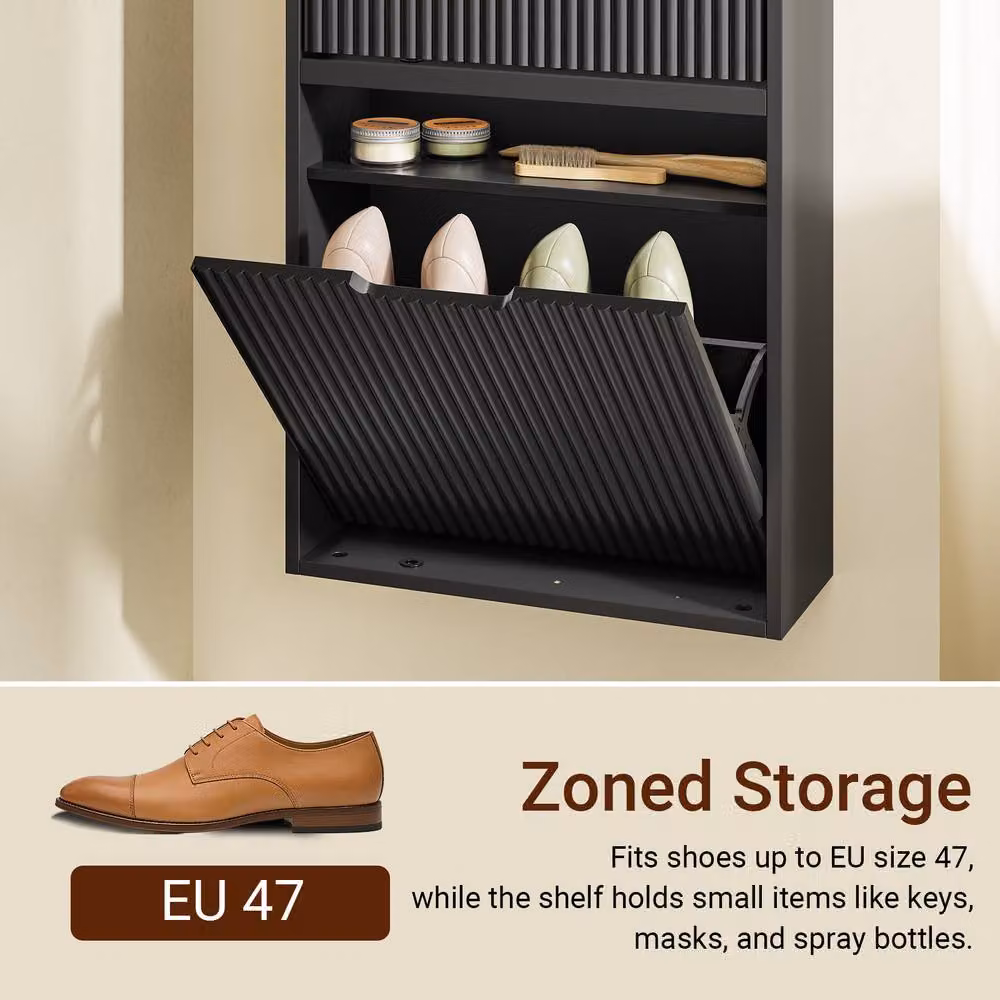 SoBuy Modern Black Matt Wall Mounted Shoe Cabinet with Tilting Compartments and Internal Shelves – 7