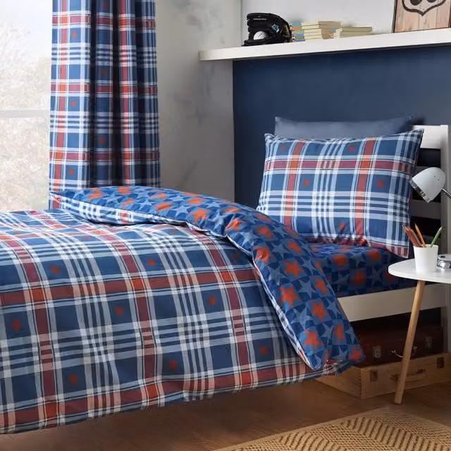 Catherine Lansfield Stars and Check Reversible Childrens Duvet Cover and Pillowcase Set, Blue