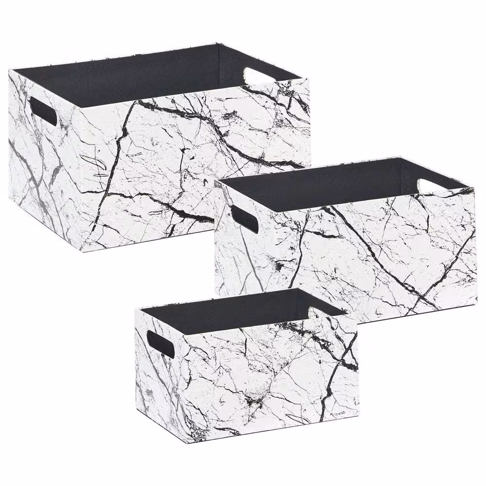 Wyld and Coco Set of 3 White Faux Leather Marble-Effect Storage Baskets with Handles – 2