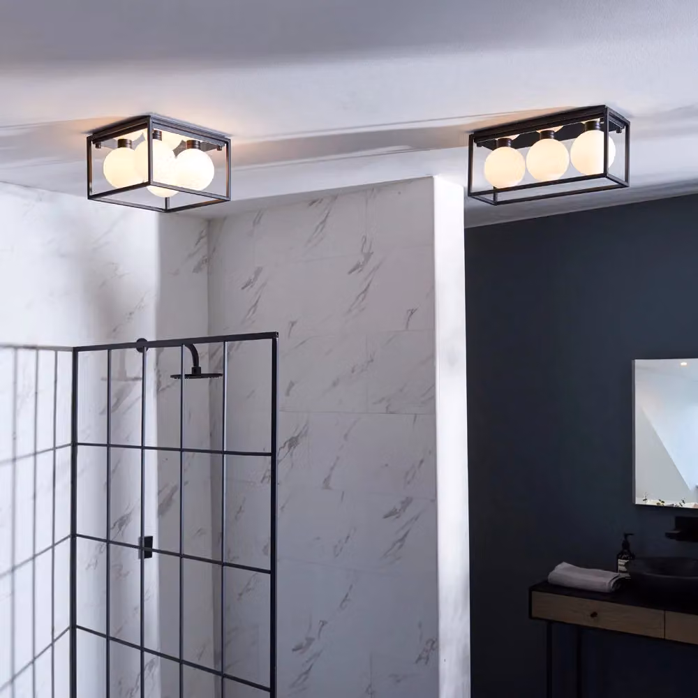 Loops Matt Black Square Framed Semi Flush Bathroom Ceiling Light with Sphere Glass Shades – 4