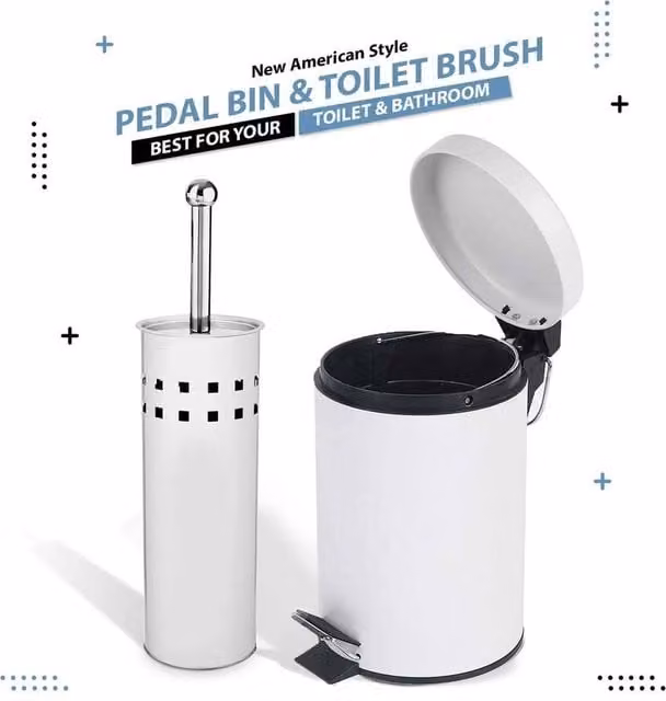 EONLION White 3L Pedal Bin and Matching Toilet Brush Set