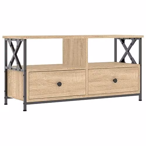 vidaXL Industrial Style TV Cabinet in Brown Smoked Oak and Metal with Media Compartments, W/D/H: 90 x 33 x 45 cm